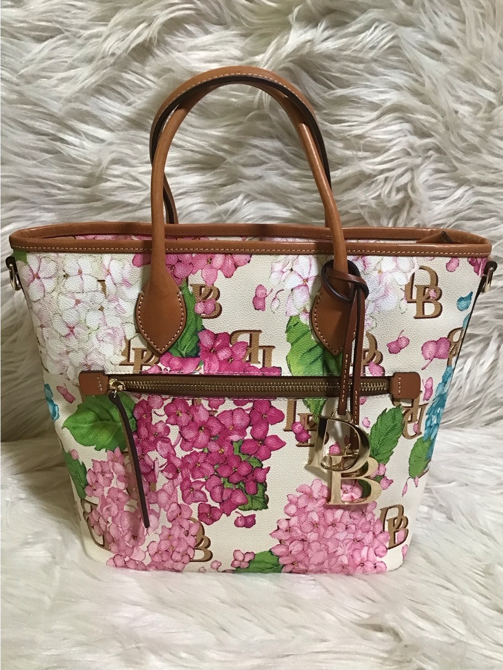 Dooney hydrangea monogram floral handle tote bag